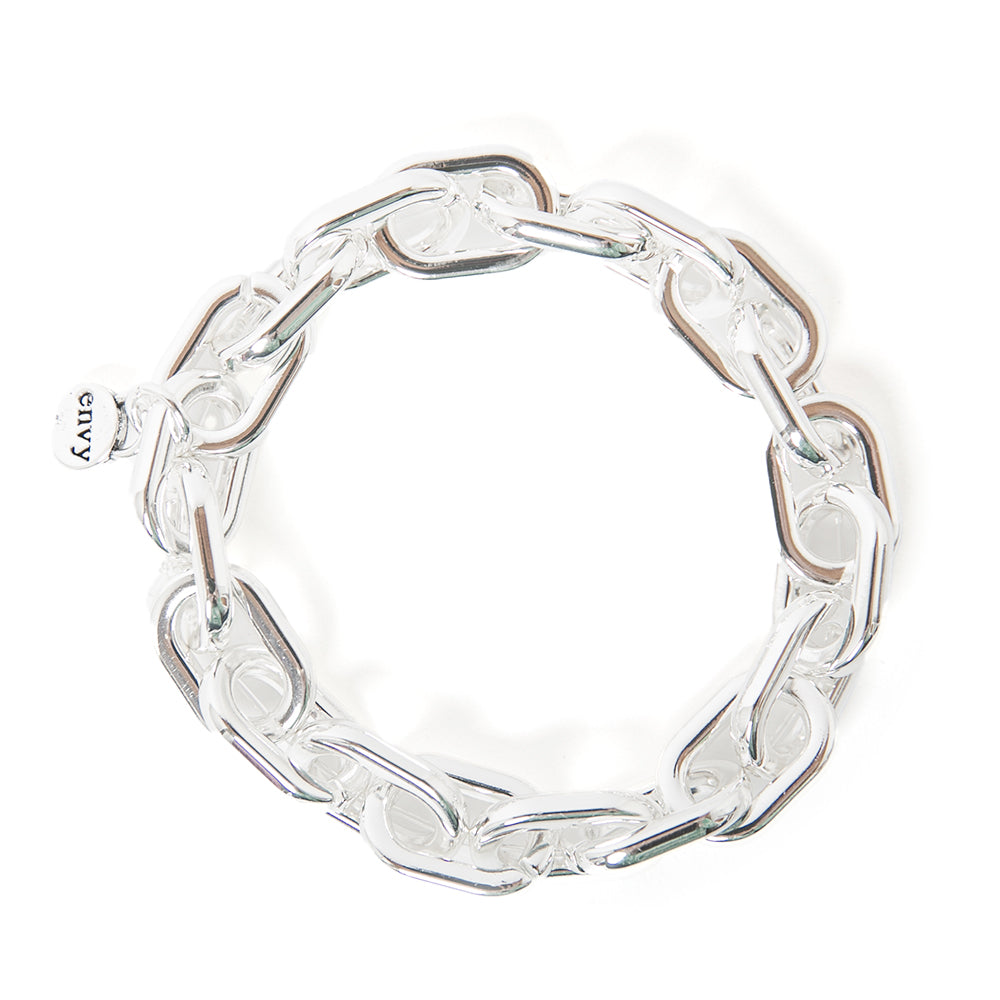 The silver Talia Bracelet made up of a chunky linked chain with elastic running through the middle for stretch and easy wear